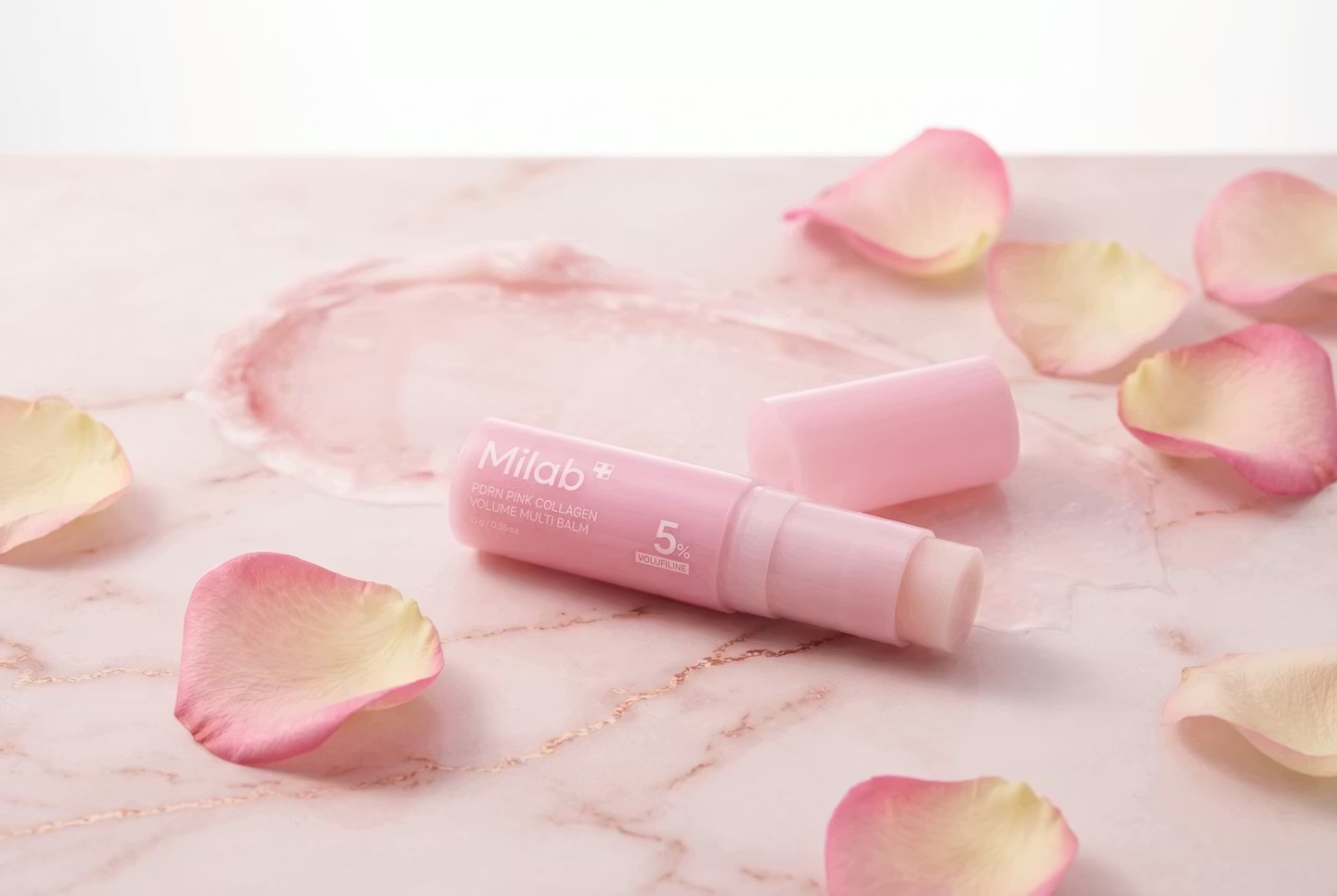 Milab PDRN Pink Collagen on marble surface with rose petals